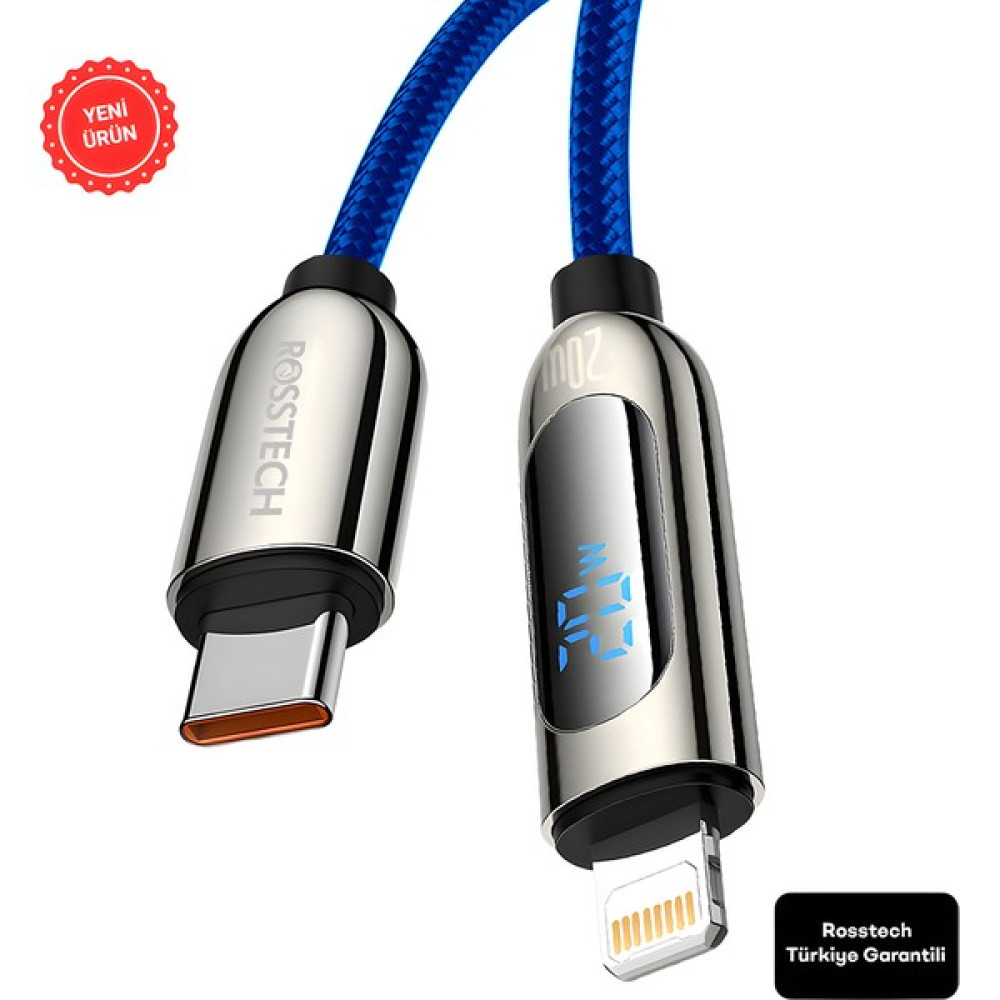 Rosstech 20W Usb-C To Lightning Dijital Ekranlı Hızlı Şarj Kablosu 1.2m (Rosstech Türkiye Garantili) - Lacivert Cep Telefonu Kablosu Fiyatı