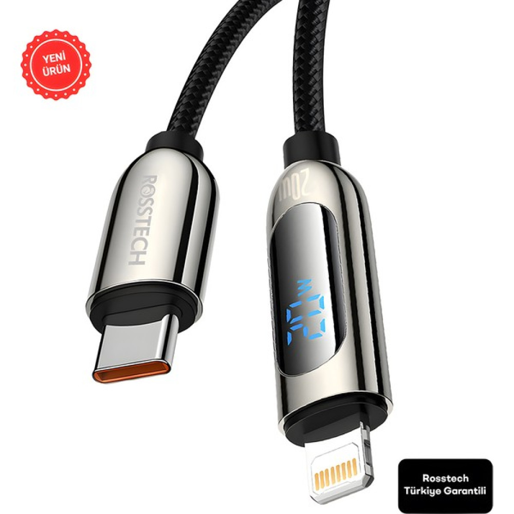 Rosstech 20W Usb-C To Lightning Dijital Ekranlı Hızlı Şarj Kablosu 1.2m (Rosstech Türkiye Garantili) - Siyah Cep Telefonu Kablosu Fiyatı