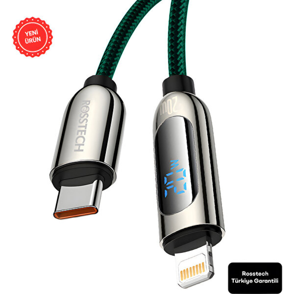Rosstech 20W Usb-C To Lightning Dijital Ekranlı Hızlı Şarj Kablosu 1.2m (Rosstech Türkiye Garantili) - Yeşil Cep Telefonu Kablosu Fiyatı