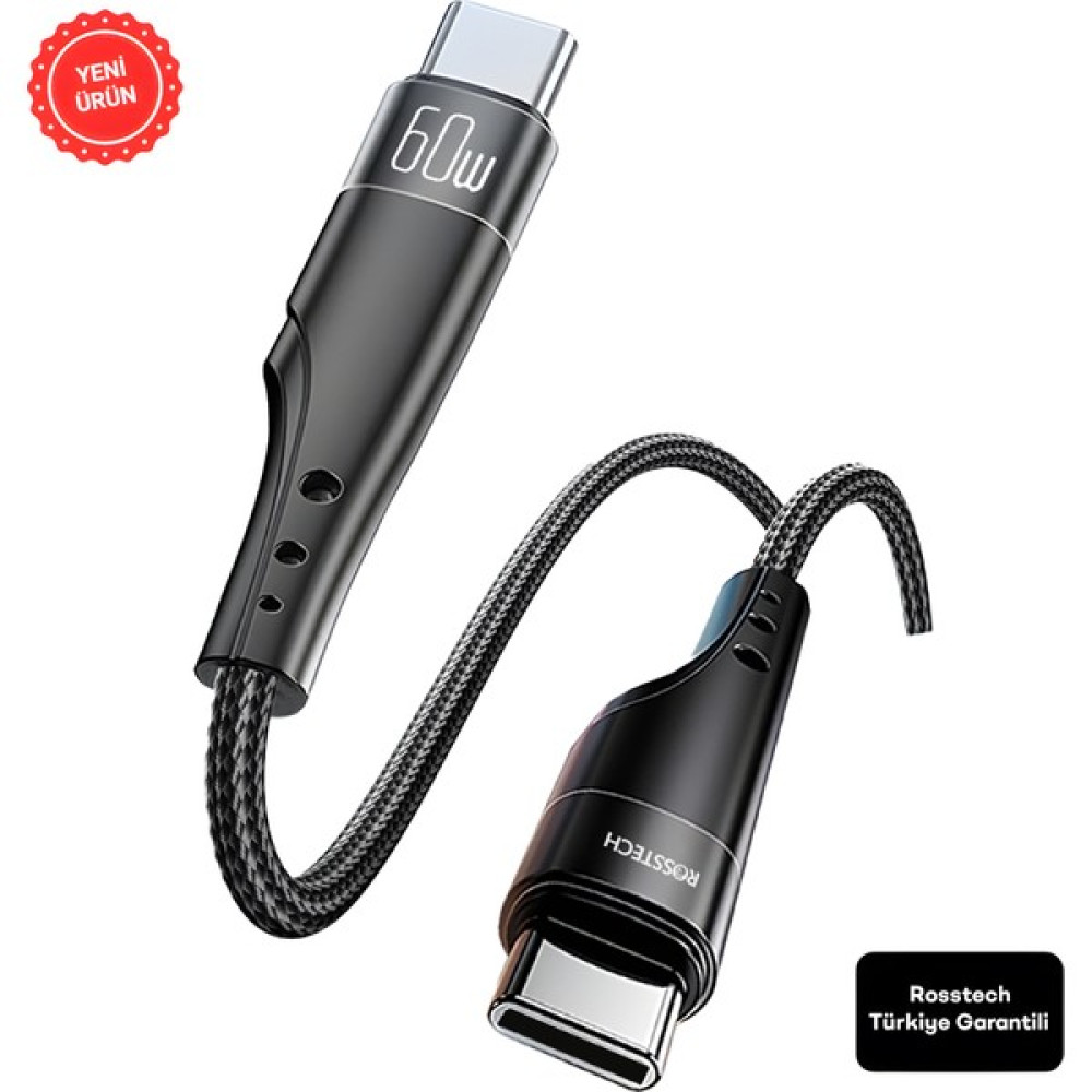 Rosstech 60W Type-C To Type-C Süper Hızlı Şarj Kablosu (Rosstech Türkiye Garantili) Cep Telefonu Şarj Cihazı Fiyatı