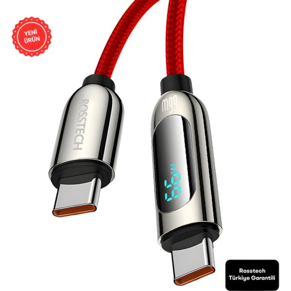 Rosstech 66W Type-C To Type-C Dijital Ekranlı Hızlı Şarj Kablosu 1.2m (Rosstech Türkiye Garantili) - Kırmızı Cep Telefonu Şarj Cihazı Fiyatı