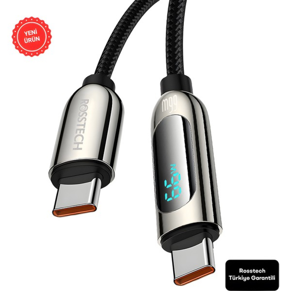 Rosstech 66W Type-C To Type-C Dijital Ekranlı Hızlı Şarj Kablosu 1.2m (Rosstech Türkiye Garantili) - Siyah Cep Telefonu Şarj Cihazı Fiyatı