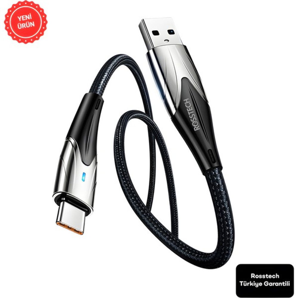 Rosstech Type-C To USB LED Hızlı Şarj Kablosu 3.0A 15W 1m (Rosstech Türkiye Garantili) - Siyah Cep Telefonu Şarj Cihazı Fiyatı