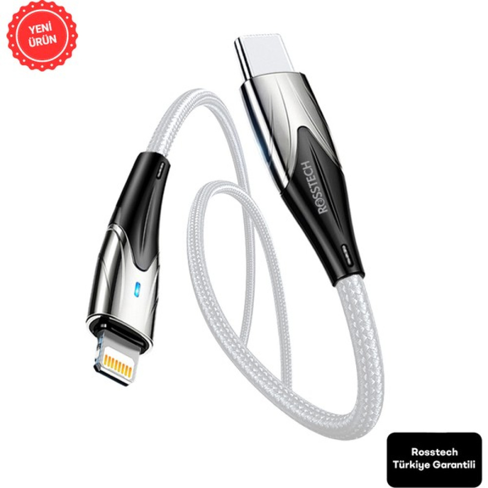Rosstech Usb-C To Lightning 20W LED Işıklı Hızlı Şarj Kablosu (Rosstech Türkiye Garantili) - Beyaz Cep Telefonu Kablosu Fiyatı