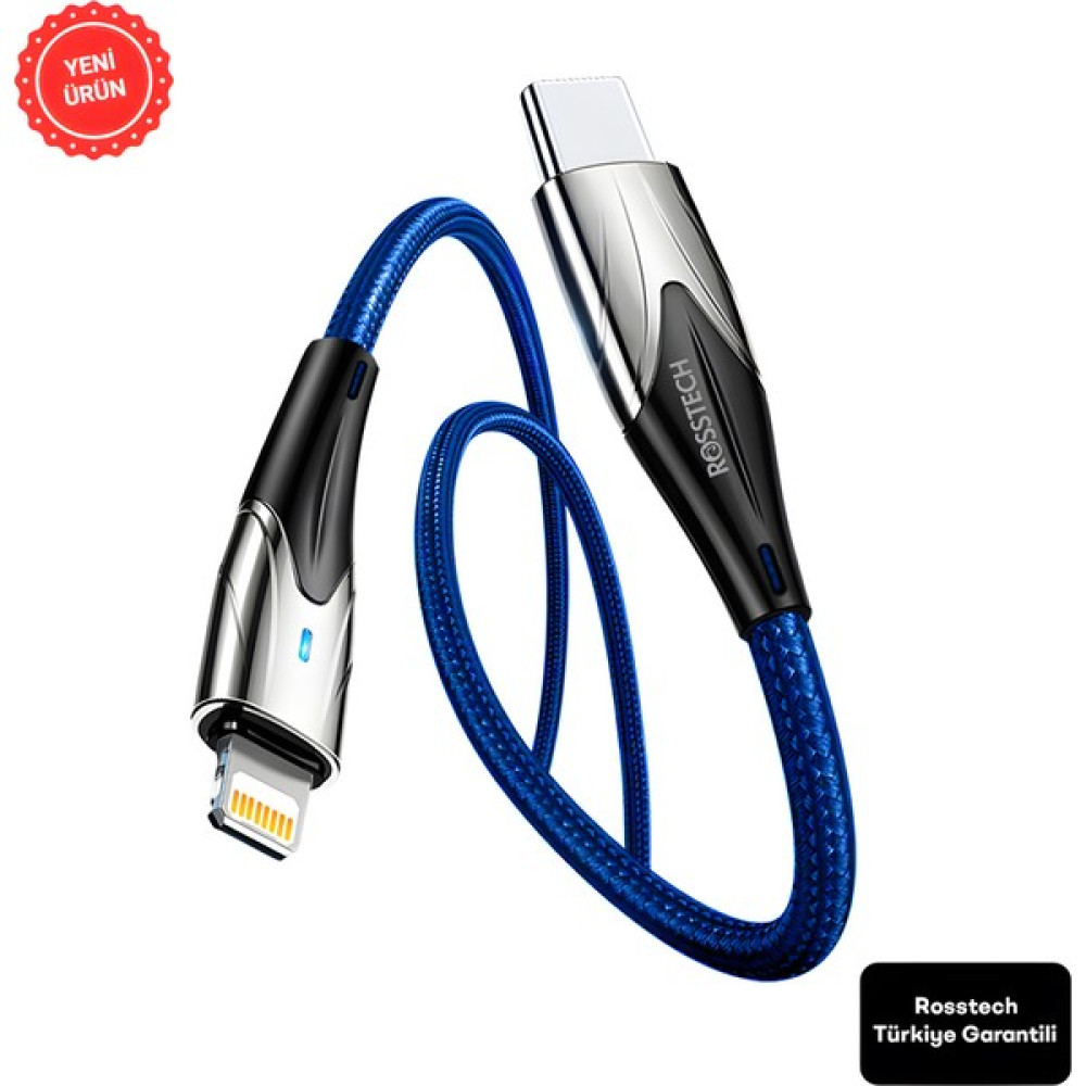 Rosstech Usb-C To Lightning 20W LED Işıklı Hızlı Şarj Kablosu (Rosstech Türkiye Garantili) - Lacivert Cep Telefonu Kablosu Fiyatı