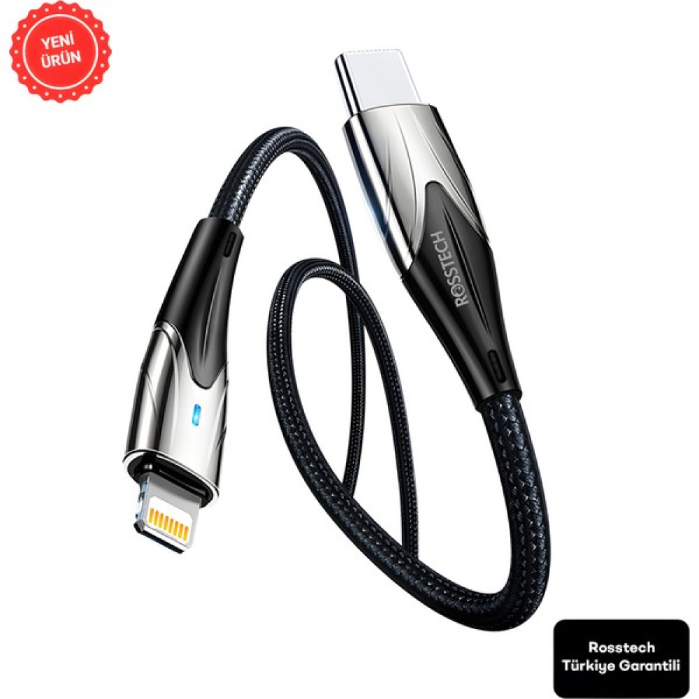 Rosstech Usb-C To Lightning LED Hızlı Şarj Kablosu iphone Uyumlu 1m (Rosstech Türkiye Garantili) - Siyah Cep Telefonu Kablosu Fiyatı