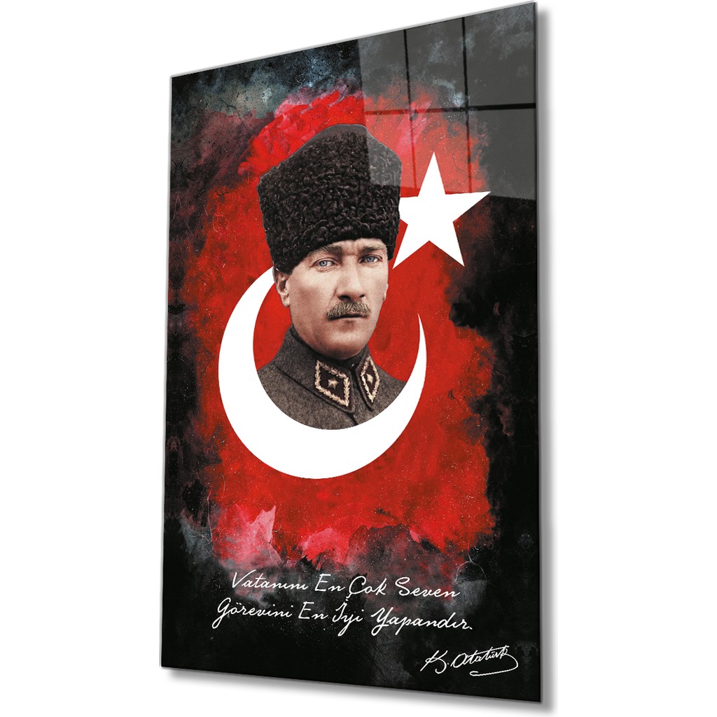 Rosyvien Mustafa Kemal Atatürk Türk Bayrağı Cam Tablo, Vatanını En Çok Seven Görevini En Iyi Yapandır, Dekor - 90 x 60 Kanvas Tablo Fiyatı