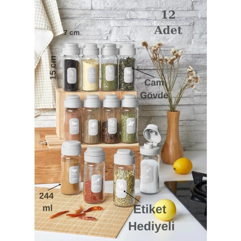 Rotanev 12 Adet Cam Baharatlık Seti Etiket Hediyeli 244 ml Baharat Setleri & Baharatlıklar Fiyatı