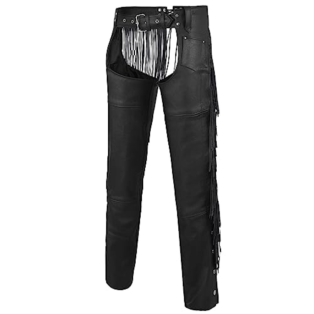ROUTE66 HIGHWAY LEATHER Tassel Chap Fringe Chaps Motorcycle Riding Bikers Chap Black (XX-Large)