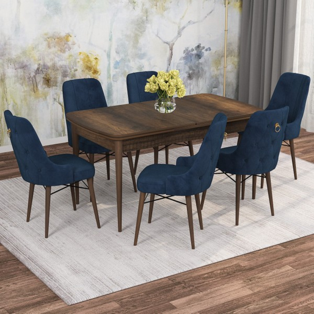 Rovena Alaska Barok Desen 80X132 Açılabilir Mutfak Masası Takımı 6 Adet Sandalye - Lacivert Masa - Sandalye Seti / Takımı Fiyatı