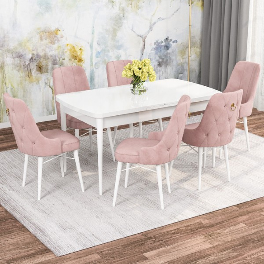 Rovena Alaska Beyaz 80X132 Yemek Masası Takımı 6 Sandalyeli - Pembe Yemek & Mutfak Masası Fiyatı