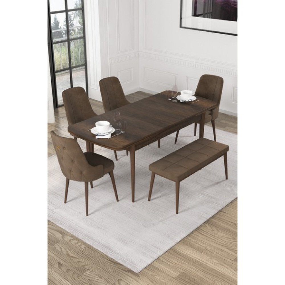 Rovena Alya Benchli 80X132 Mdf Açılabilir Barok Ahşap Desen Mutfak Masa Takımı yemek Masası Takımı 4 Sandalye - Kahverengi - 80*132 Masa - Sandalye Seti / Takımı Fiyatı