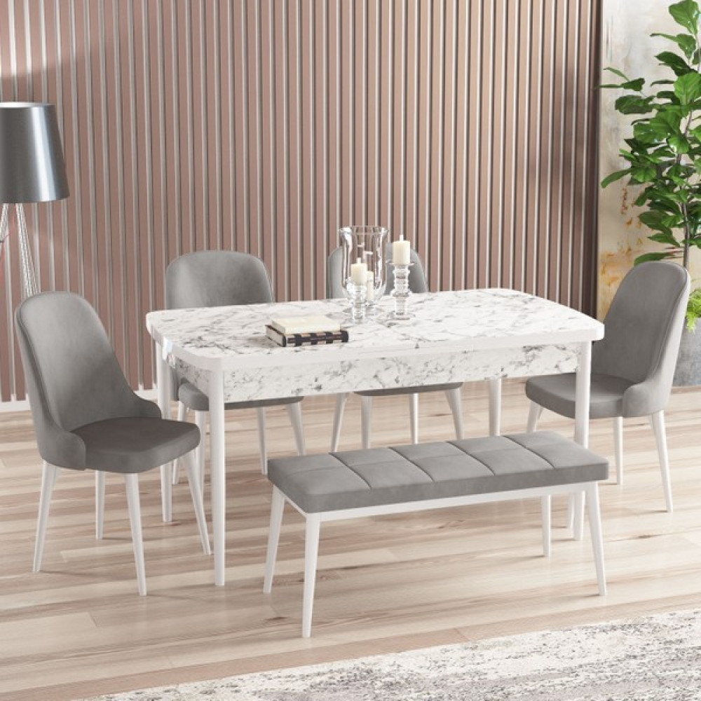 Rovena Armin Mdf Beyaz Mermer Desen Açılabilir 80X132 cm 4 Sandalyeli Benchli Mutfak Masası Takımı - Gri Masa - Sandalye Seti / Takımı Fiyatı
