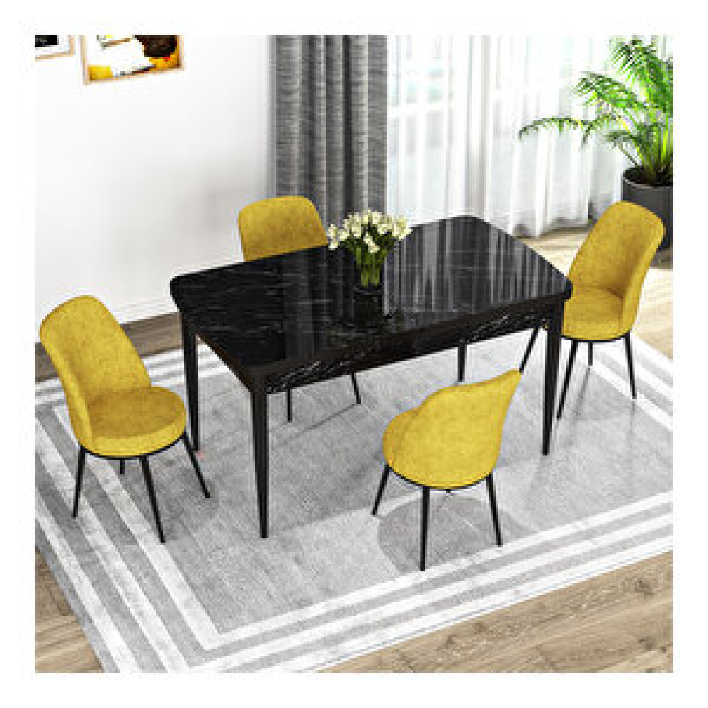 Rovena Bade Siyah Mermer Desenli Mdf 70x114 Cm Açılabilir 4 Sandalyeli Mutfak Masa Takımı Hardal Yemek & Mutfak Masası Fiyatı