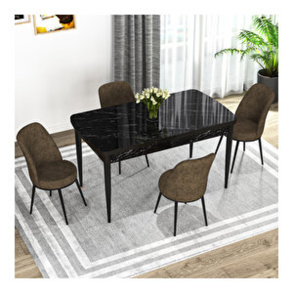 Rovena Bade Siyah Mermer Desenli Mdf 70x114 Cm Açılabilir 4 Sandalyeli Mutfak Masa Takımı Kahve Yemek & Mutfak Masası Fiyatı