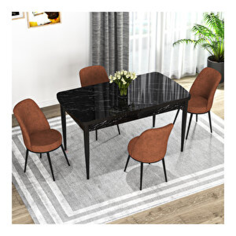 Rovena Bade Siyah Mermer Desenli Mdf 70x114 Cm Açılabilir 4 Sandalyeli Mutfak Masa Takımı Kiremit Yemek & Mutfak Masası Fiyatı