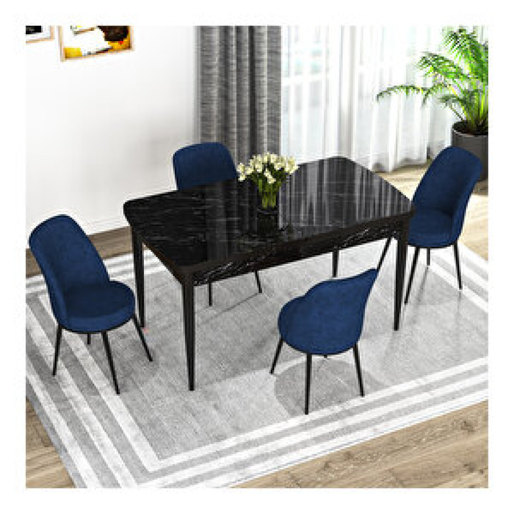 Rovena Bade Siyah Mermer Desenli Mdf 70x114 Cm Açılabilir 4 Sandalyeli Mutfak Masa Takımı Lacivert Yemek & Mutfak Masası Fiyatı