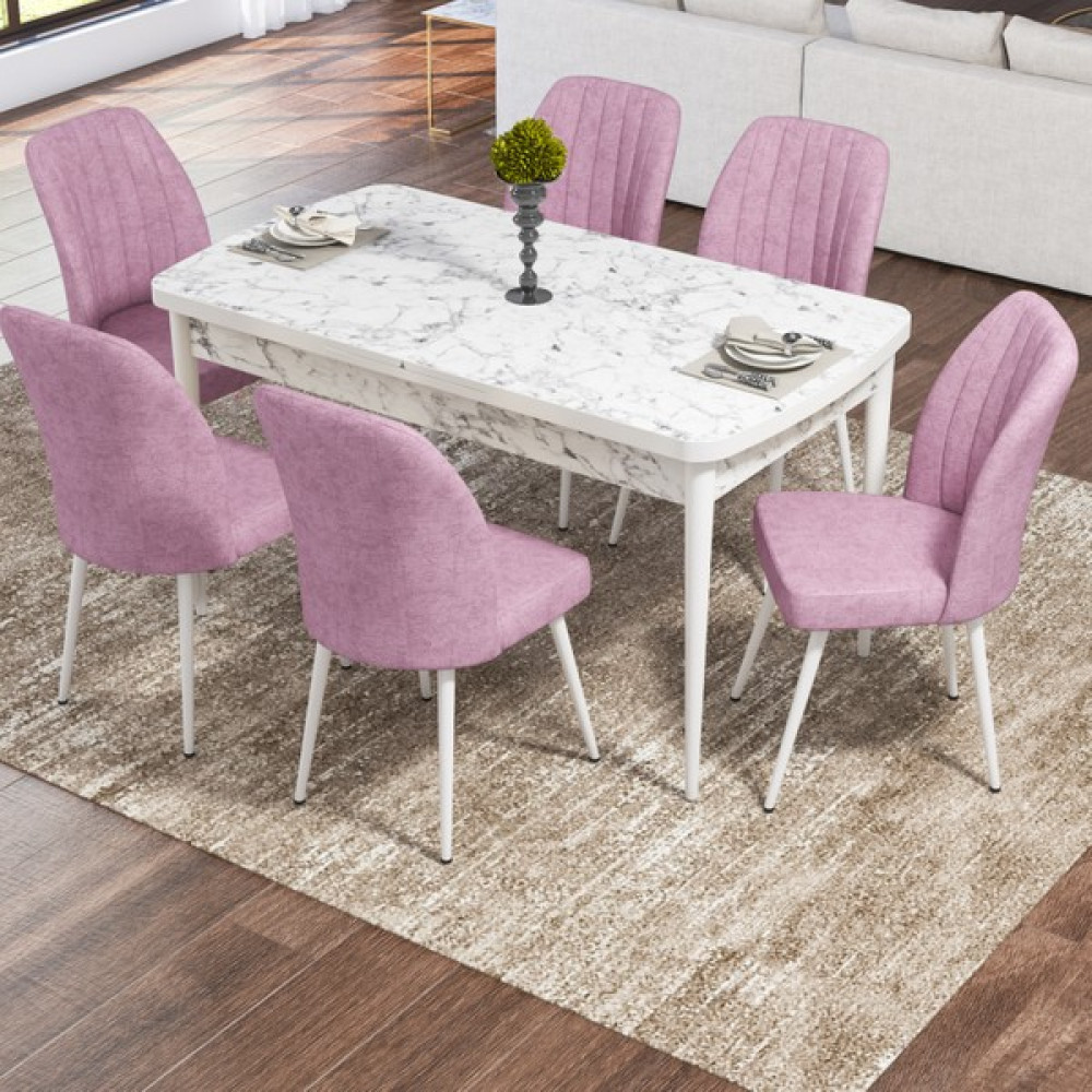 Rovena Leny Beyaz Mermer Desen 80X132 Yemek Masası Takımı 6 Sandalyeli - Pembe Yemek & Mutfak Masası Fiyatı