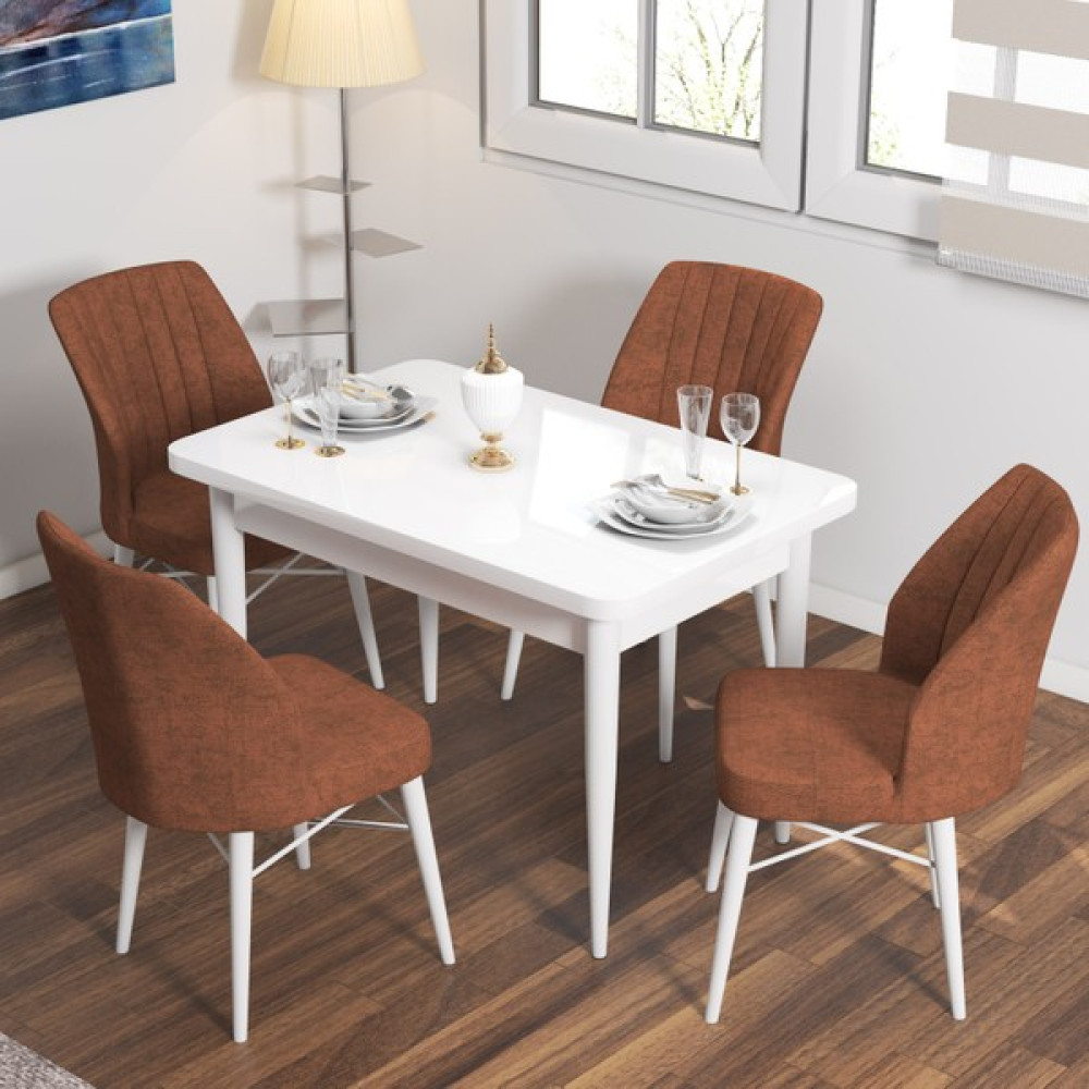 Rovena Lera Beyaz Sabit Mdf Yemek Masası Mutfak Masası Takımı 4 Sandalye - Kiremit - 71*110 Masa - Sandalye Seti / Takımı Fiyatı
