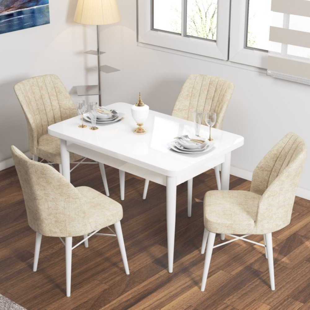 Rovena Lera Beyaz Sabit Mdf Yemek Masası Mutfak Masası Takımı 4 Sandalye - Krem - 71*110 Masa - Sandalye Seti / Takımı Fiyatı