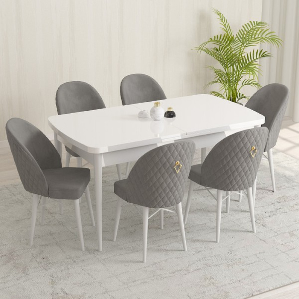 Rovena Marsilya Mdf Beyaz Açılabilir 80X132 cm 6 Sandalyeli Mutfak Masası Takımı - Gri Masa - Sandalye Seti / Takımı Fiyatı