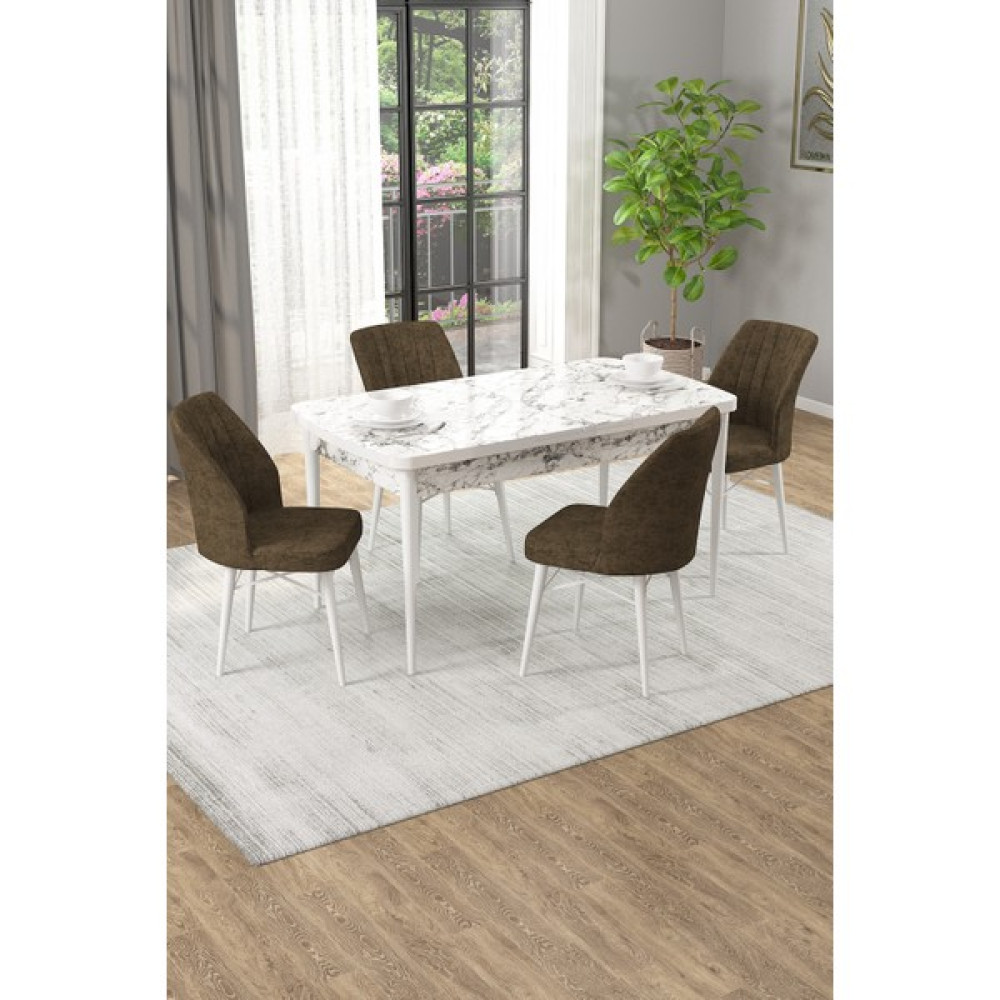 Rovena Mary 70 x 114 cm Mdf Açılabilir Beyaz Mermer Desen Mutfak Masa Takımı Yemek Masası 4 Adet Sandalye - Kahverengi - 70*114 Masa - Sandalye Seti / Takımı Fiyatı