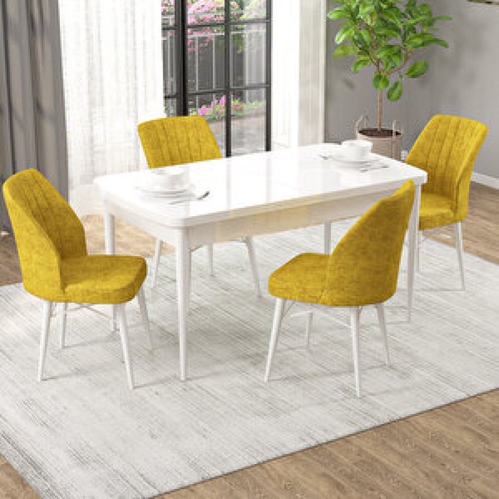 Rovena Mary Beyaz 70x114 Mdf Açılabilir Yemek Masası Takımı 4 Adet Sandalye Hardal Masa - Sandalye Seti / Takımı Fiyatı