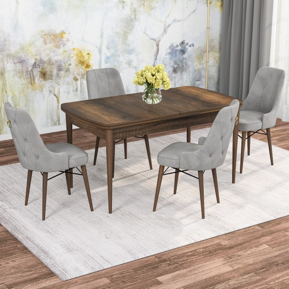 Rovena Mona Barok Desen 80x132 Mdf Açılabilir Mutfak Masası Takımı 4 Adet Sandalye - Gri - 4 Sandalye - Barok Masa Masa - Sandalye Seti / Takımı Fiyatı
