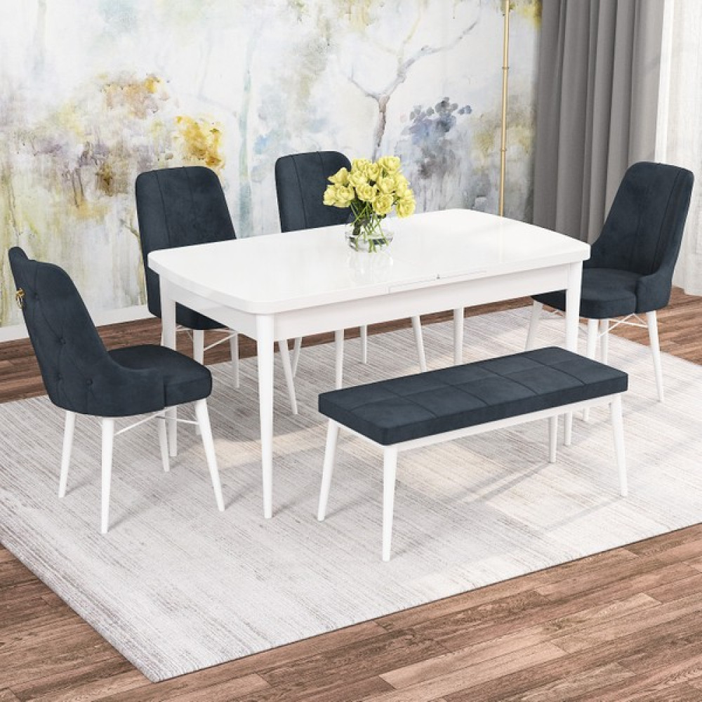 Rovena Mona Beyaz 80x132 Mdf Açılabilir Mutfak Masası Takımı 4 Sandalye, 1 Bench - Antrasit - 1 Bench 4 Sandalye - Beyaz Masa Masa - Sandalye Seti / Takımı Fiyatı