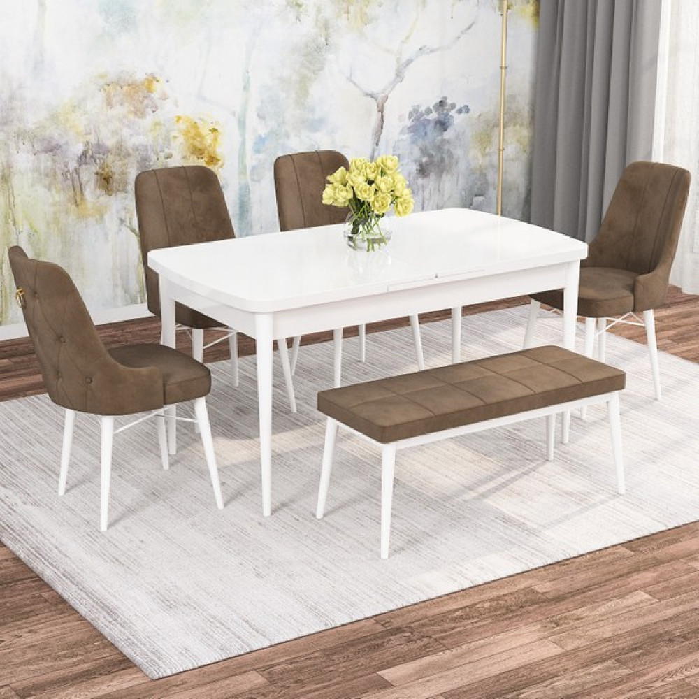 Rovena Mona Beyaz 80x132 Mdf Açılabilir Mutfak Masası Takımı 4 Sandalye, 1 Bench - Kahverengi - 1 Bench 4 Sandalye - Beyaz Masa Masa - Sandalye Seti / Takımı Fiyatı