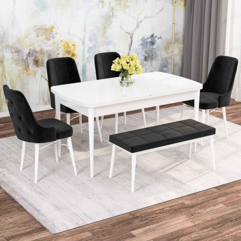 Rovena Mona Beyaz 80x132 Mdf Açılabilir Mutfak Masası Takımı 4 Sandalye, 1 Bench - Siyah - 1 Bench 4 Sandalye - Beyaz Masa Masa - Sandalye Seti / Takımı Fiyatı