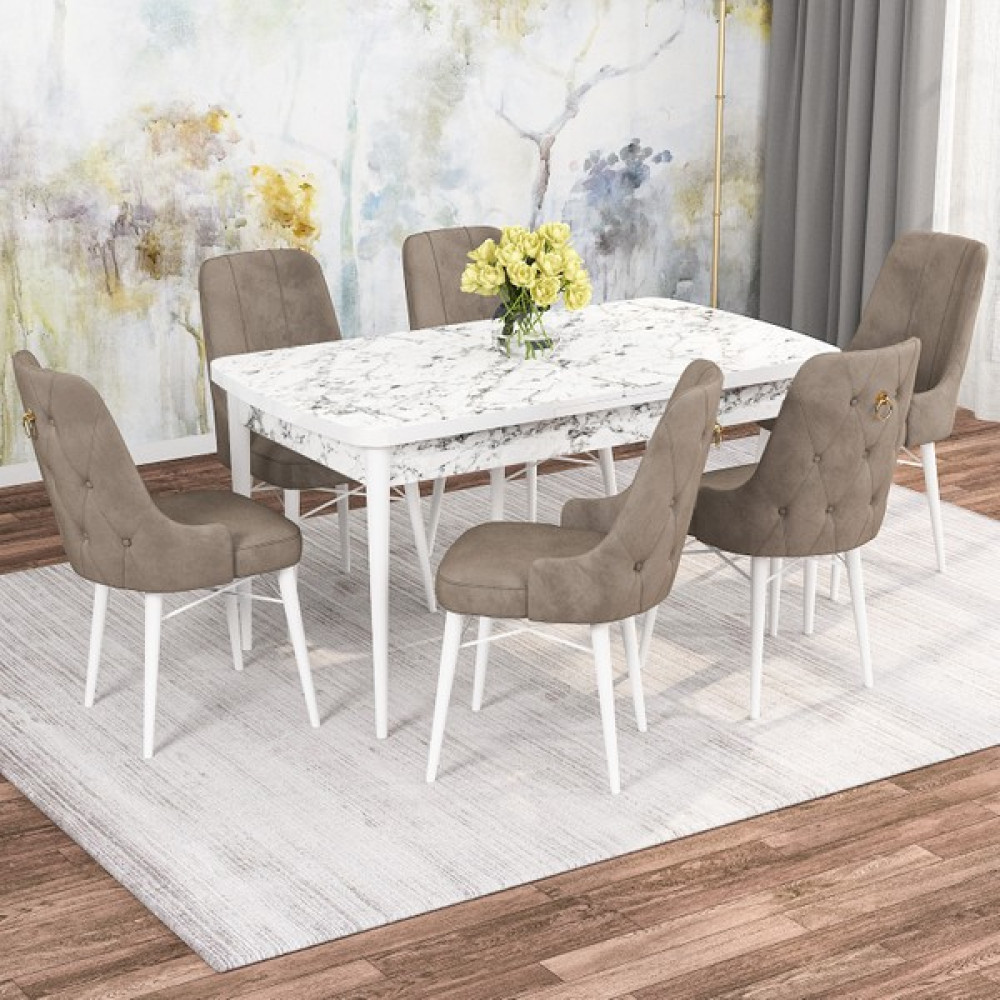Rovena Mona Beyaz Mermer Desen 80x132 Mdf Açılabilir Mutfak Masası Takımı 6 Adet Sandalye - Cappuccino - 6 Sandalye - Beyaz Mermer Desen Masa Masa - Sandalye Seti / Takımı Fiyatı