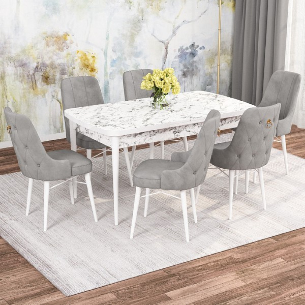 Rovena Mona Beyaz Mermer Desen 80x132 Mdf Açılabilir Mutfak Masası Takımı 6 Adet Sandalye - Gri - 6 Sandalye - Beyaz Mermer Desen Masa Masa - Sandalye Seti / Takımı Fiyatı