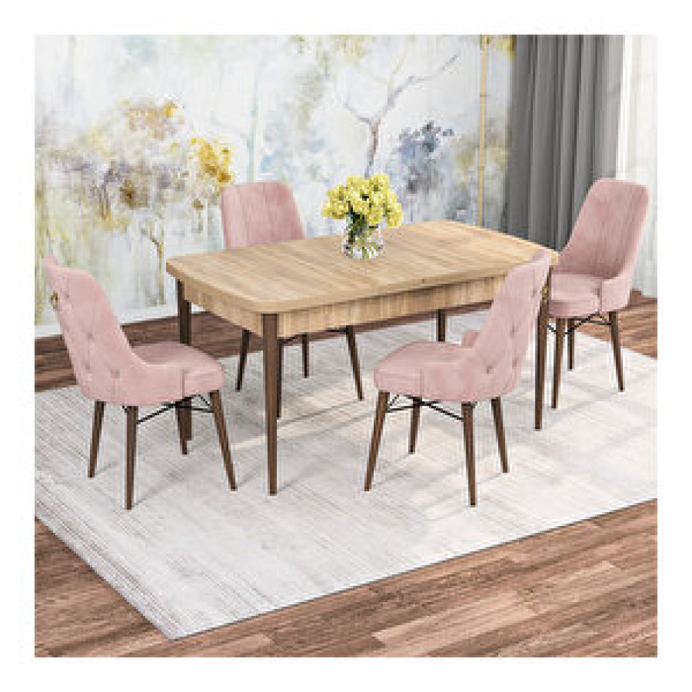 Rovena Mona Meşe Desenli Mdf 80x132 Açılabilir 4 Sandalyeli Mutfak Masa Takımı Pembe Yemek & Mutfak Masası Fiyatı
