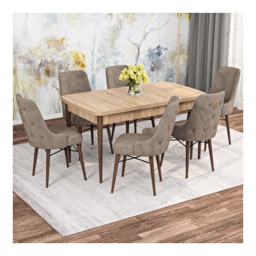 Rovena Mona Meşe Desenli Mdf 80x132 Açılabilir 6 Sandalyeli Mutfak Masa Takımı Cappucino Yemek & Mutfak Masası Fiyatı