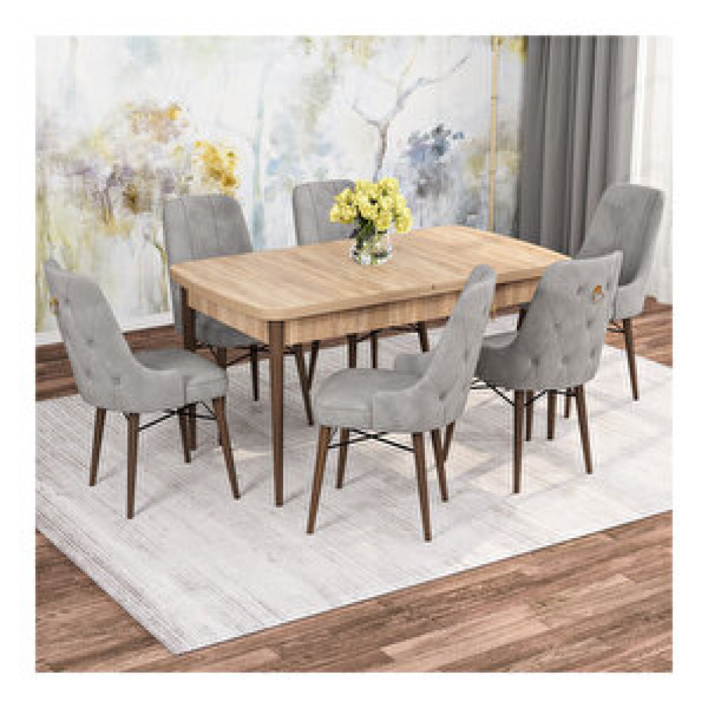 Rovena Mona Meşe Desenli Mdf 80x132 Açılabilir 6 Sandalyeli Mutfak Masa Takımı Gri Yemek & Mutfak Masası Fiyatı