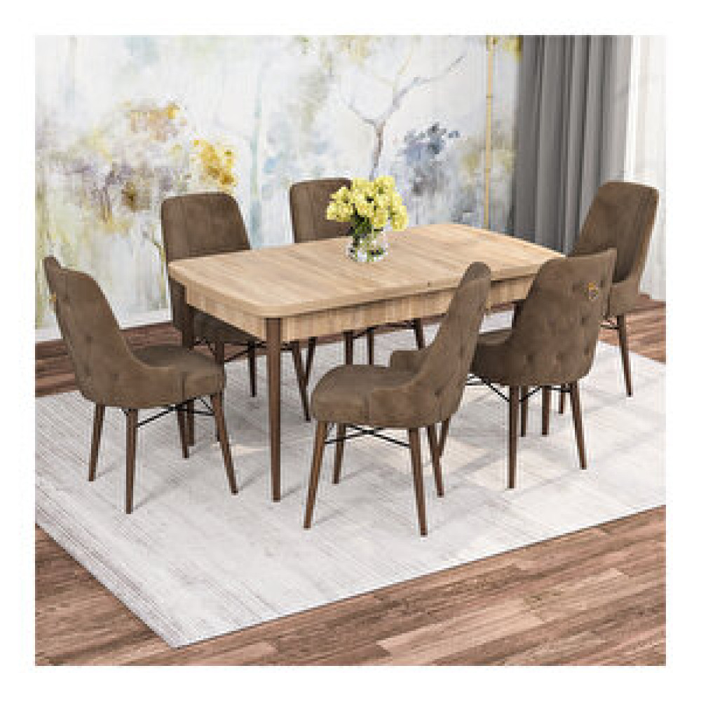 Rovena Mona Meşe Desenli Mdf 80x132 Açılabilir 6 Sandalyeli Mutfak Masa Takımı Kahve Yemek & Mutfak Masası Fiyatı