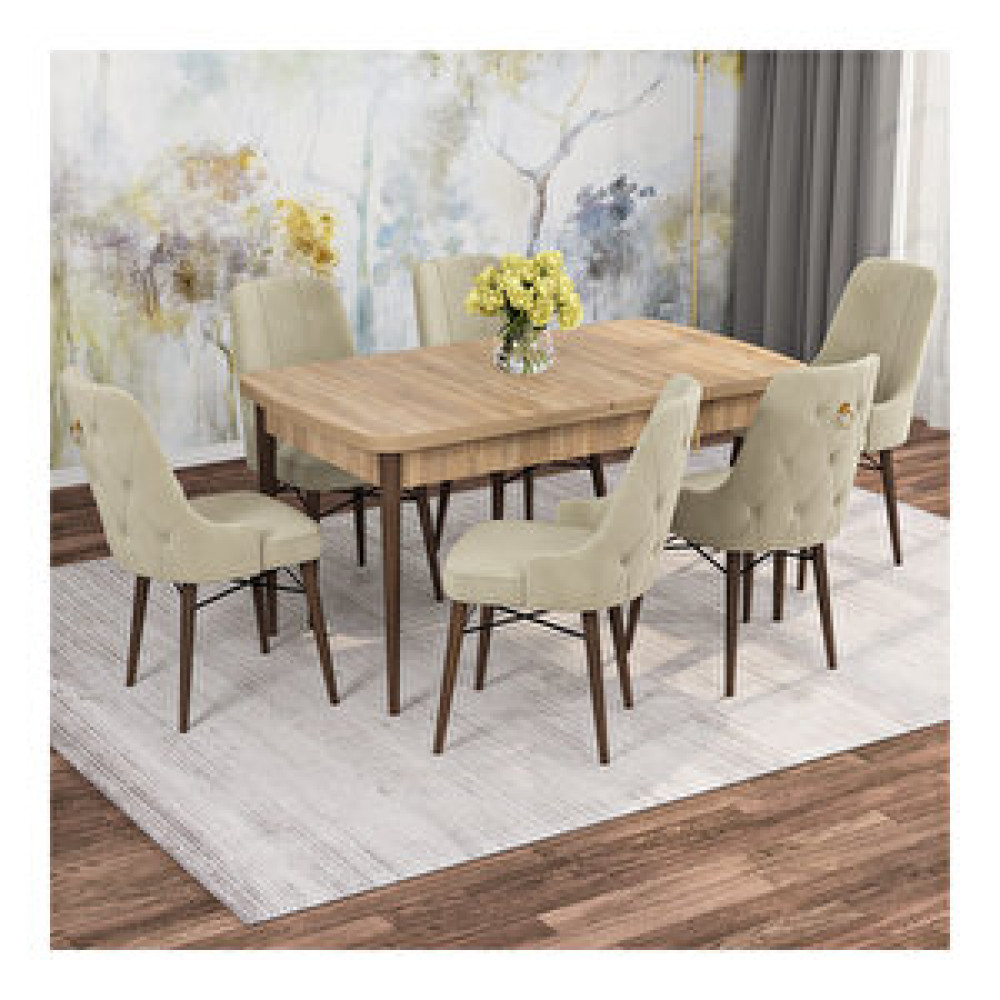 Rovena Mona Meşe Desenli Mdf 80x132 Açılabilir 6 Sandalyeli Mutfak Masa Takımı Krem Yemek & Mutfak Masası Fiyatı