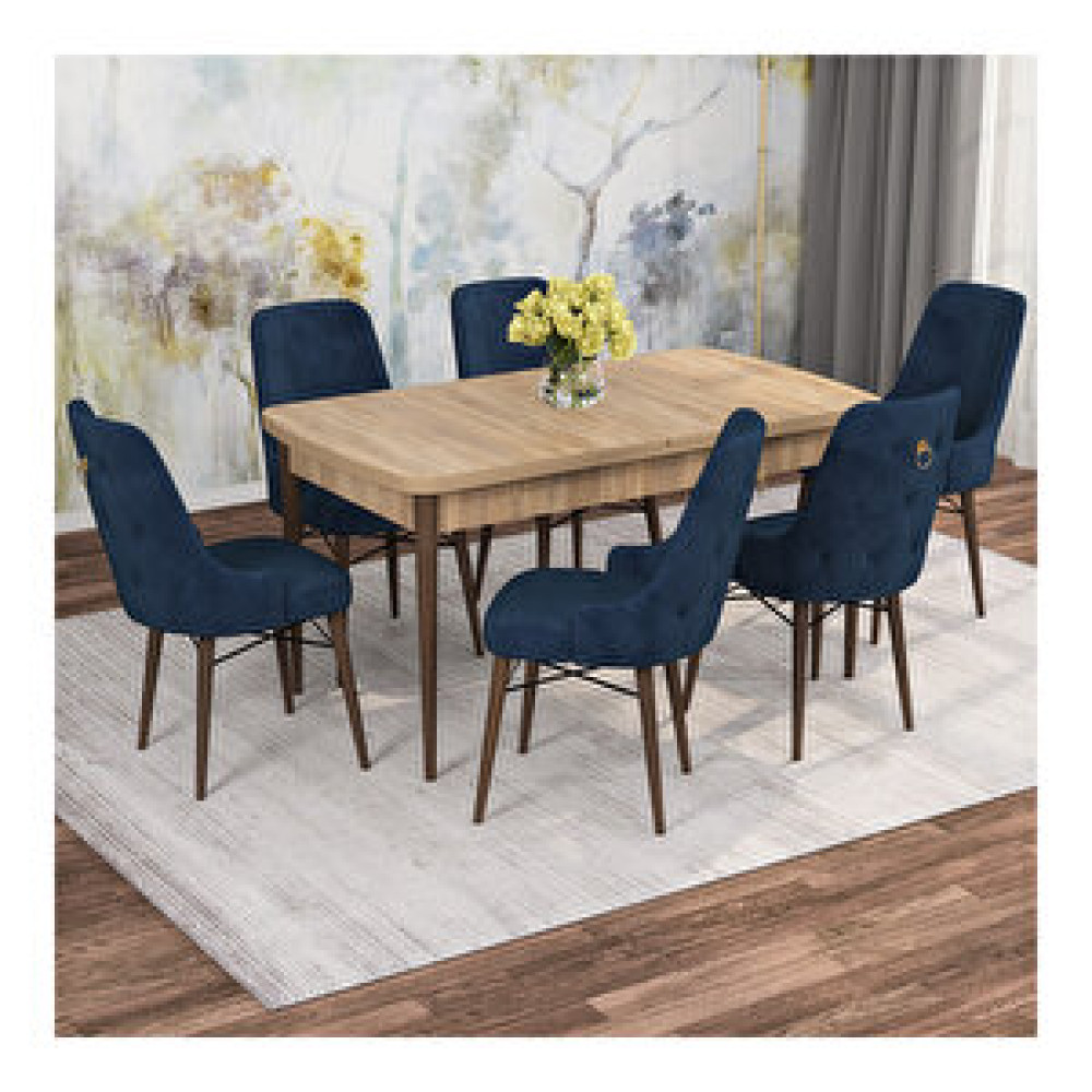 Rovena Mona Meşe Desenli Mdf 80x132 Açılabilir 6 Sandalyeli Mutfak Masa Takımı Lacivert Yemek & Mutfak Masası Fiyatı