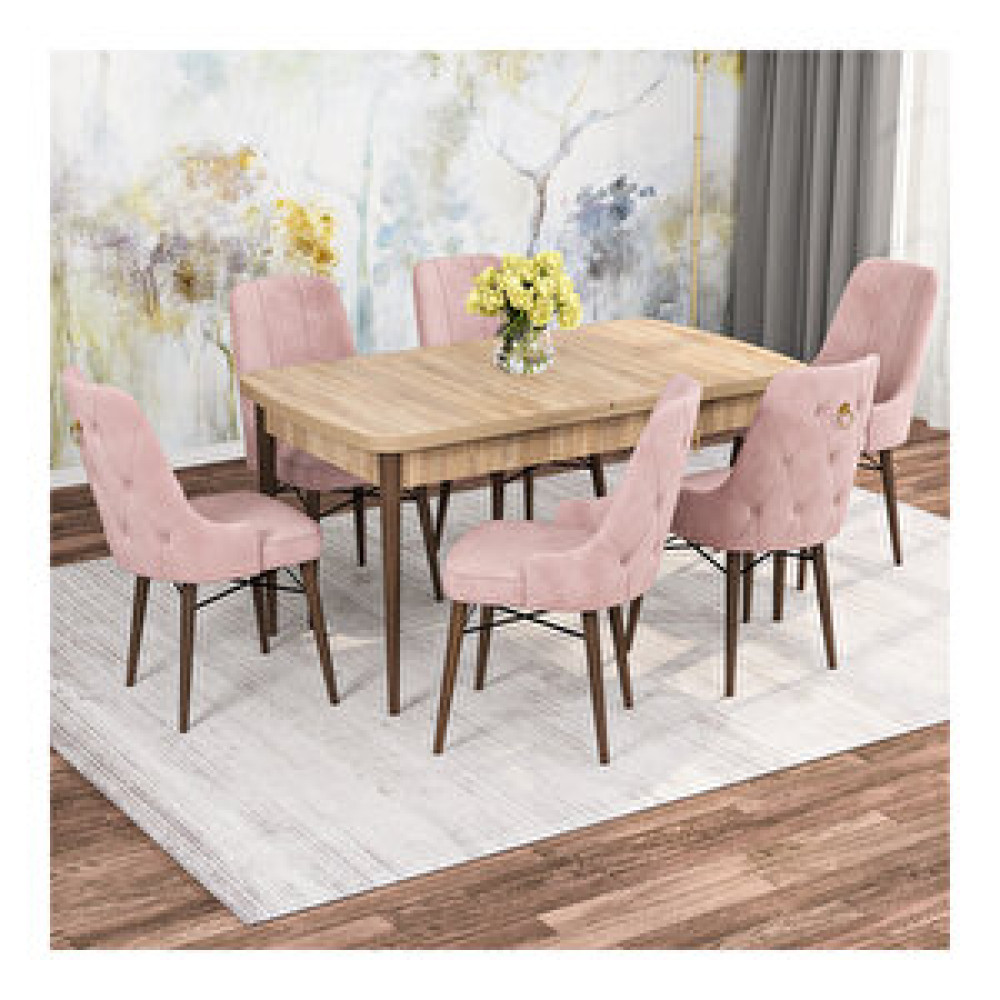 Rovena Mona Meşe Desenli Mdf 80x132 Açılabilir 6 Sandalyeli Mutfak Masa Takımı Pembe Yemek & Mutfak Masası Fiyatı