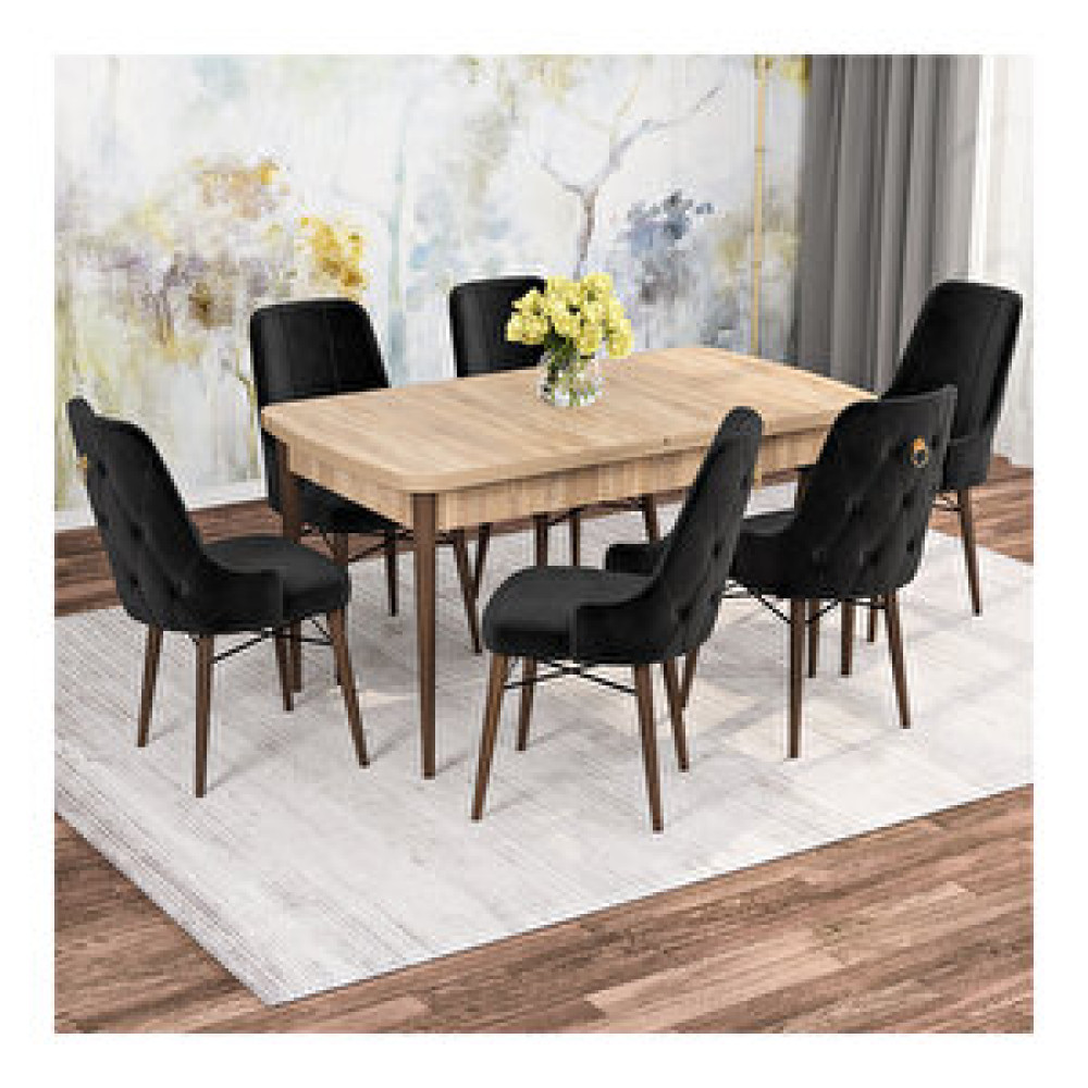 Rovena Mona Meşe Desenli Mdf 80x132 Açılabilir 6 Sandalyeli Mutfak Masa Takımı Siyah Yemek & Mutfak Masası Fiyatı