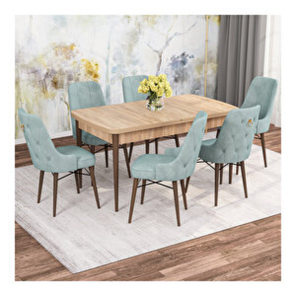 Rovena Mona Meşe Desenli Mdf 80x132 Açılabilir 6 Sandalyeli Mutfak Masa Takımı Su Yeşili Yemek & Mutfak Masası Fiyatı