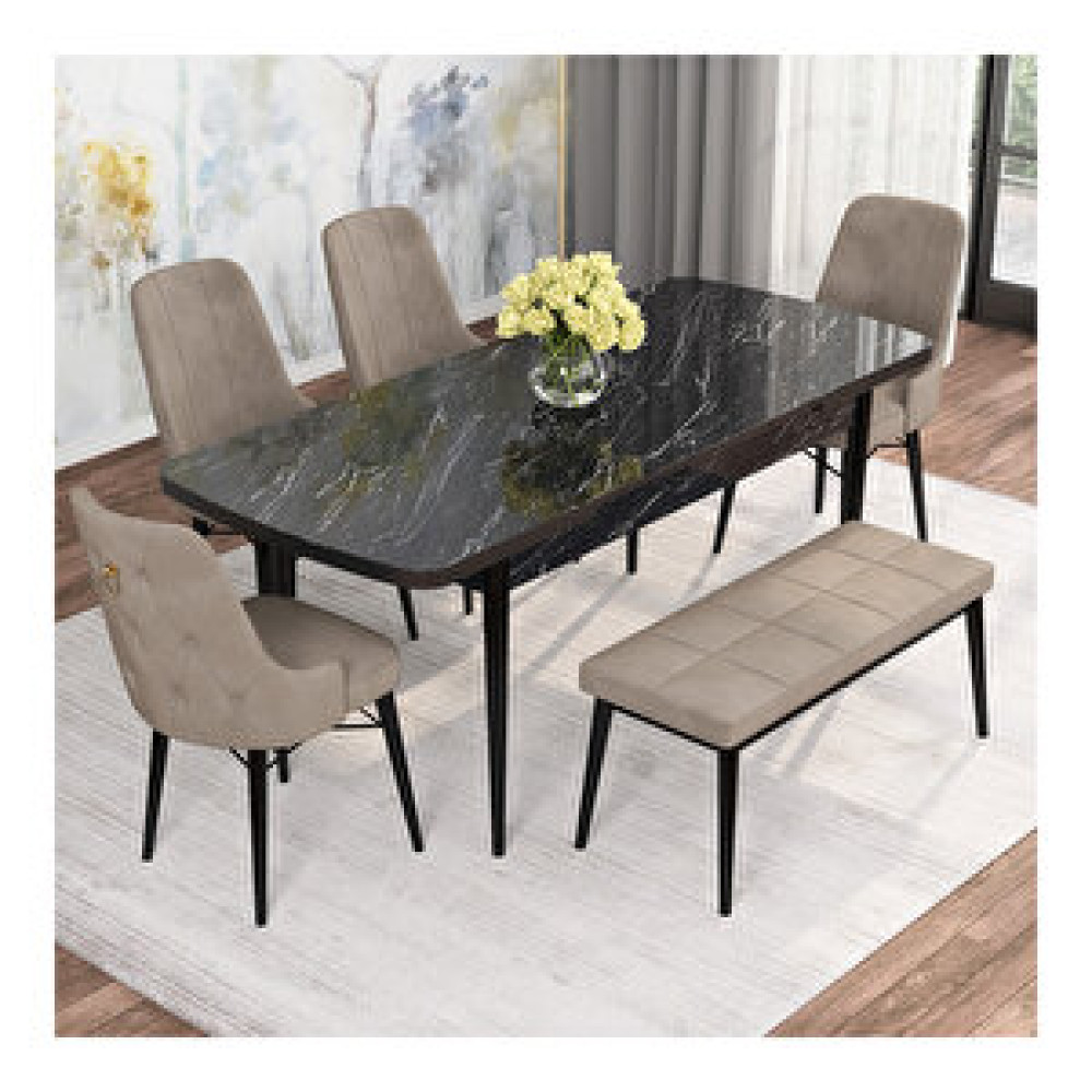 Rovena Mona Siyah Mermer Desenli Benchli Mdf 80x132 Açılabilir 4 Sandalyeli Mutfak Masa Takımı Cappucino Yemek & Mutfak Masası Fiyatı