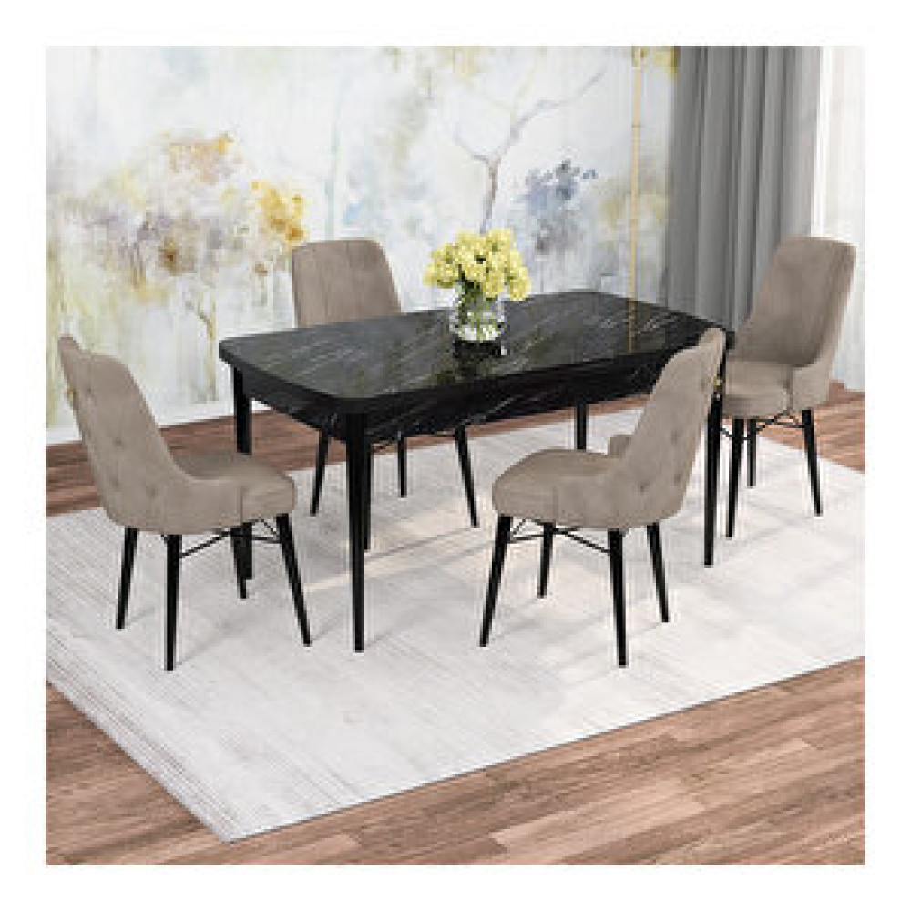Rovena Mona Siyah Mermer Desenli Mdf 80x132 Açılabilir 4 Sandalyeli Mutfak Masa Takımı Cappucino Yemek & Mutfak Masası Fiyatı