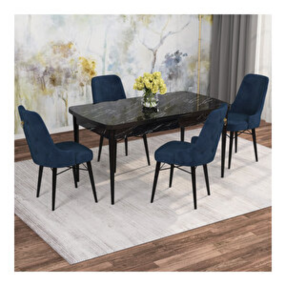 Rovena Mona Siyah Mermer Desenli Mdf 80x132 Açılabilir 4 Sandalyeli Mutfak Masa Takımı Lacivert Yemek & Mutfak Masası Fiyatı