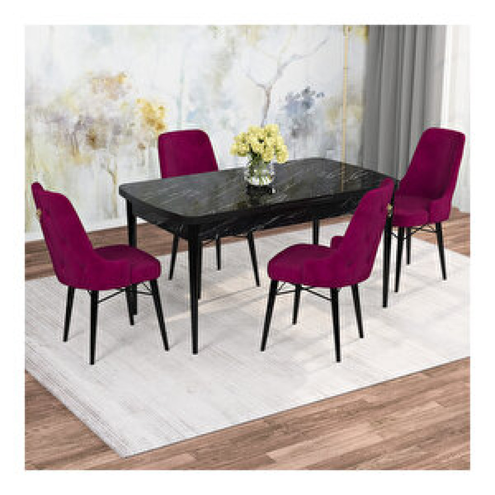 Rovena Mona Siyah Mermer Desenli Mdf 80x132 Açılabilir 4 Sandalyeli Mutfak Masa Takımı Mürdüm Yemek & Mutfak Masası Fiyatı
