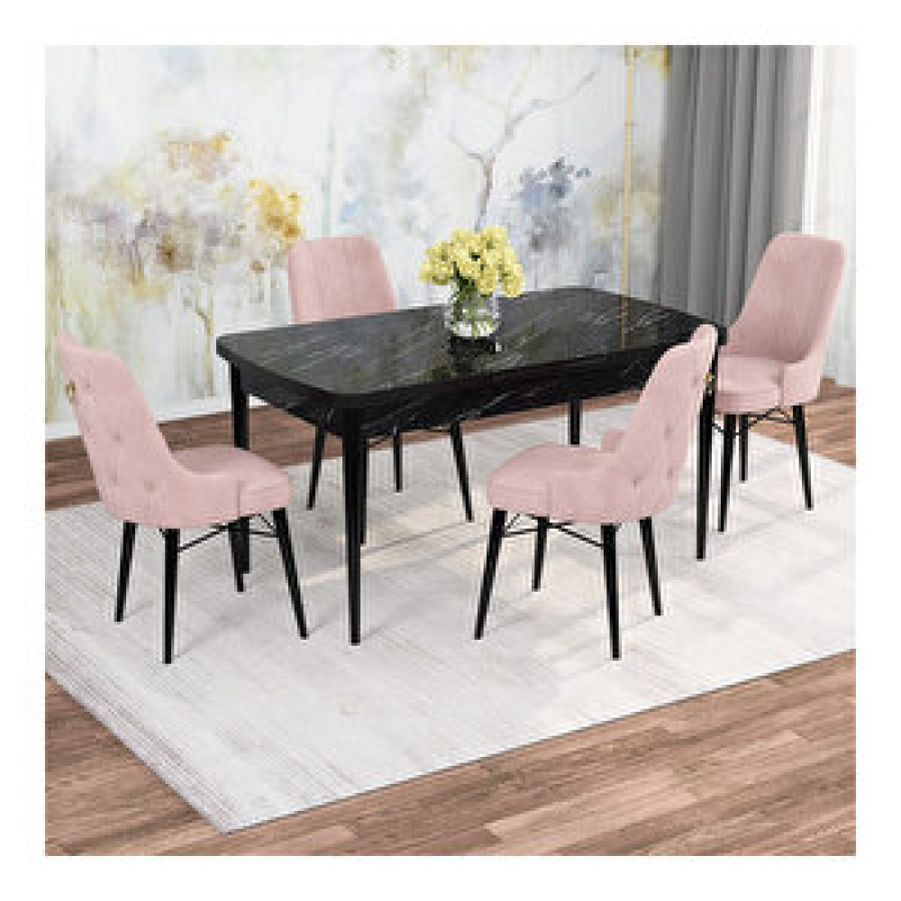 Rovena Mona Siyah Mermer Desenli Mdf 80x132 Açılabilir 4 Sandalyeli Mutfak Masa Takımı Pembe Yemek & Mutfak Masası Fiyatı