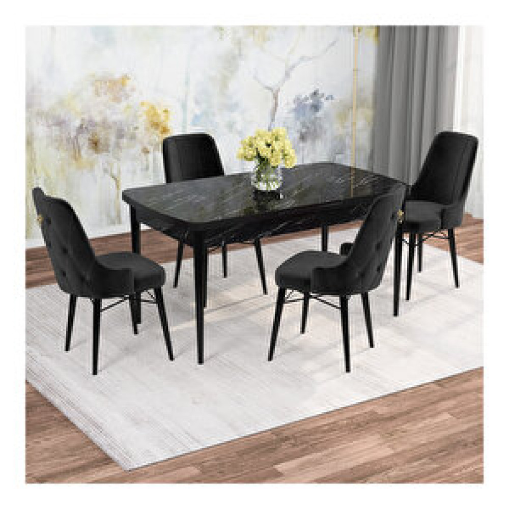 Rovena Mona Siyah Mermer Desenli Mdf 80x132 Açılabilir 4 Sandalyeli Mutfak Masa Takımı Siyah Yemek & Mutfak Masası Fiyatı