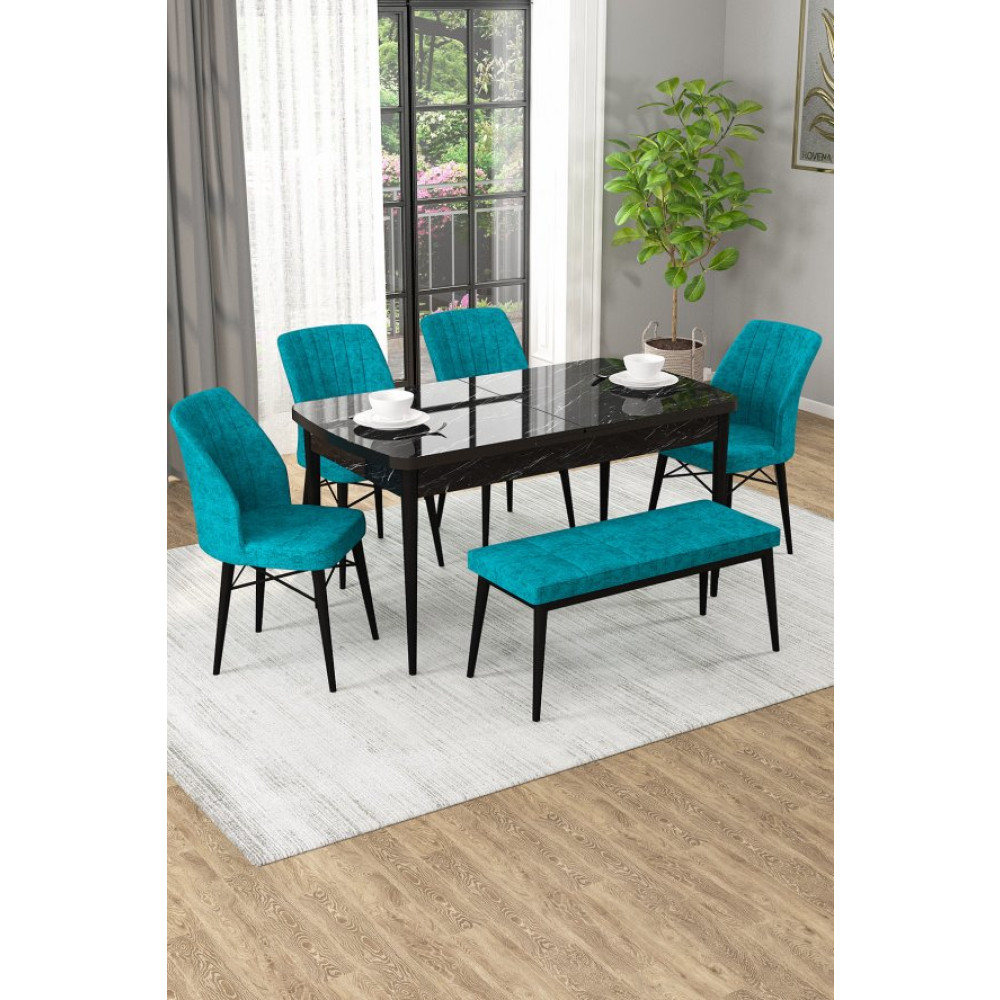 Rovena Novana Siyah Mermer Desen 80X132 Acilabilir Yemek Masasi Takimi 4 Sandalye, 1 Bench Yemek Odası Takımı / Seti Fiyatı