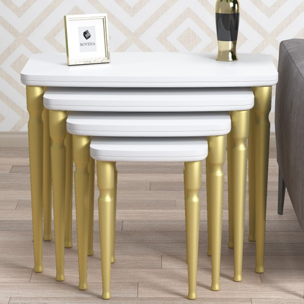 Rovena Rolls Mdf ve Lake Boya, Beyaz 4lü Zigon Sehpa Takımı, Gold Gürgen Ayaklar - Sehpalar Beyaz Ayaklar Gold Zigon Sehpa Fiyatı